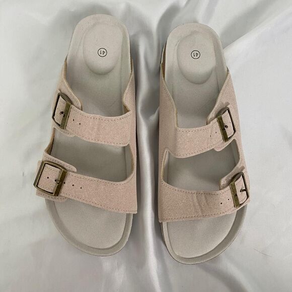 Boho Cream Nude Faux Suede Brassy Gold Buckle Sandals / Slides EU 41 US 10.5 - Picture 2 of 5